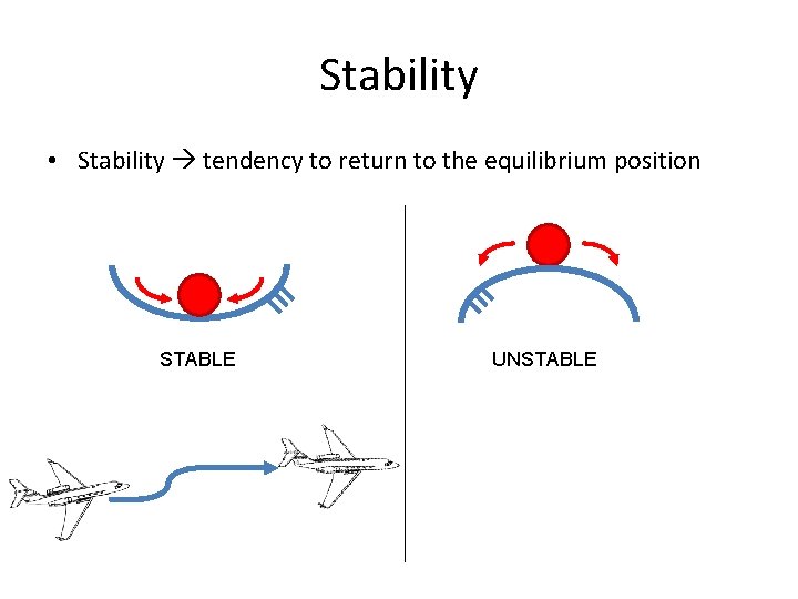 Stability • Stability tendency to return to the equilibrium position STABLE UNSTABLE 