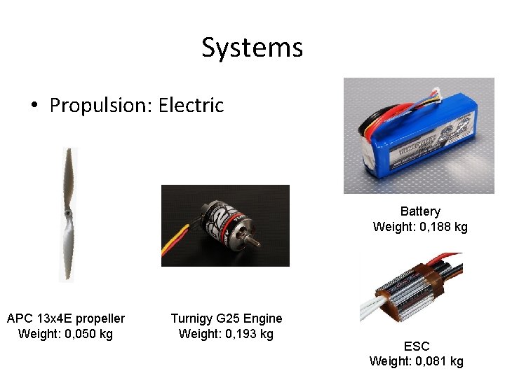 Systems • Propulsion: Electric Battery Weight: 0, 188 kg APC 13 x 4 E