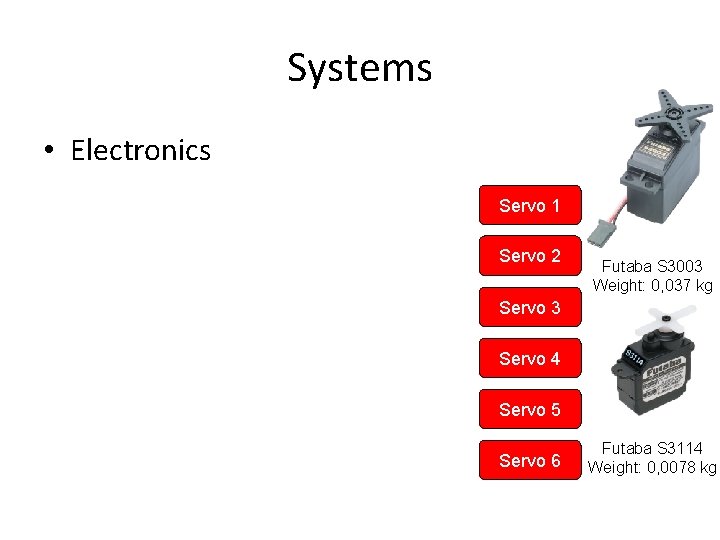 Systems • Electronics Servo 1 Servo 2 Futaba S 3003 Weight: 0, 037 kg