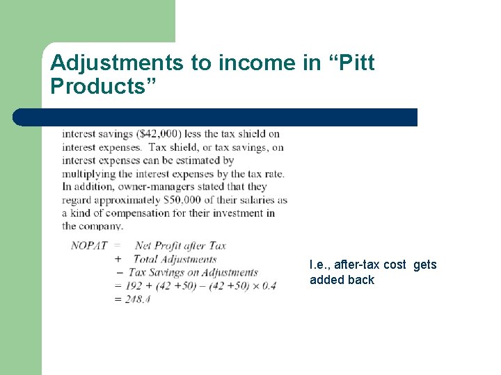 Adjustments to income in “Pitt Products” I. e. , after-tax cost gets added back
