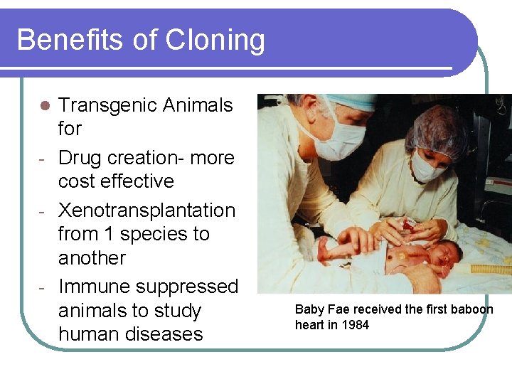 Benefits of Cloning Transgenic Animals for - Drug creation- more cost effective - Xenotransplantation