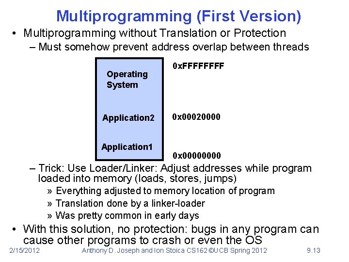 Multiprogramming (First Version) • Multiprogramming without Translation or Protection – Must somehow prevent address