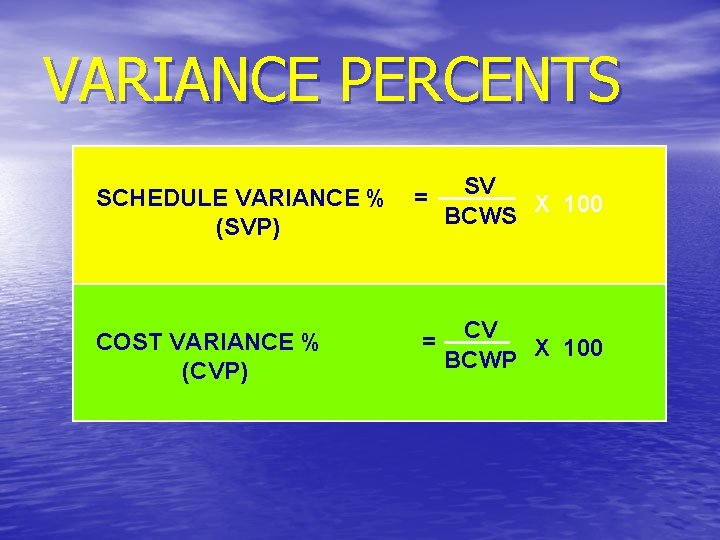 VARIANCE PERCENTS SCHEDULE VARIANCE % (SVP) COST VARIANCE % (CVP) = = SV BCWS VARIANCE PERCENTS SCHEDULE VARIANCE % (SVP) COST VARIANCE % (CVP) = = SV BCWS