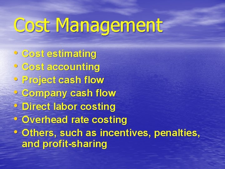 Cost Management • • Cost estimating Cost accounting Project cash flow Company cash flow Cost Management • • Cost estimating Cost accounting Project cash flow Company cash flow