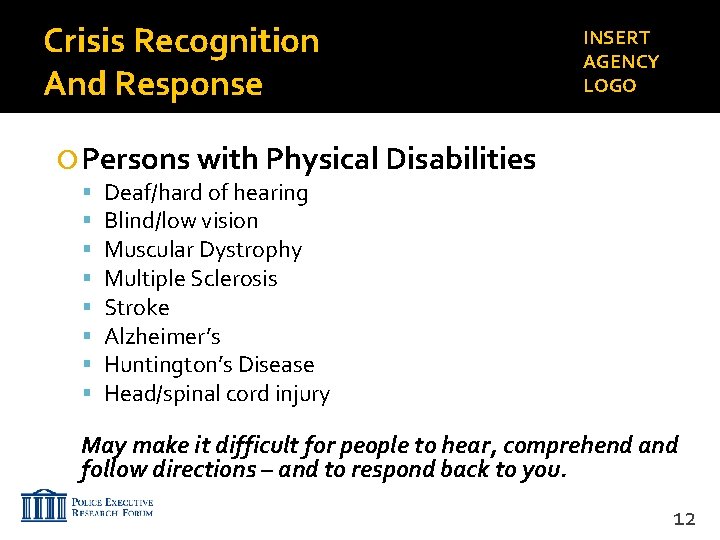 Crisis Recognition And Response INSERT AGENCY LOGO Persons with Physical Disabilities Deaf/hard of hearing