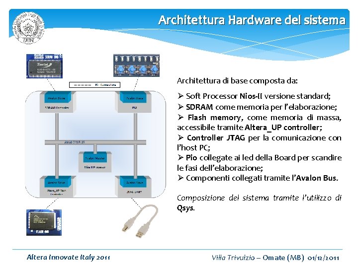 Architettura Hardware del sistema Architettura di base composta da: Ø Soft Processor Nios-II versione