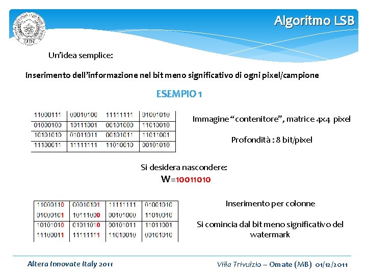 Algoritmo LSB Un’idea semplice: Inserimento dell’informazione nel bit meno significativo di ogni pixel/campione ESEMPIO