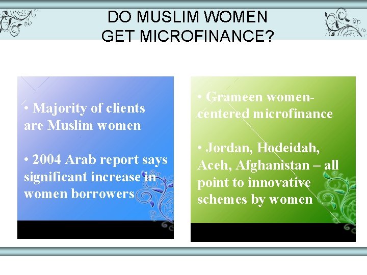 DO MUSLIM WOMEN GET MICROFINANCE? • Majority of clients are Muslim women • 2004