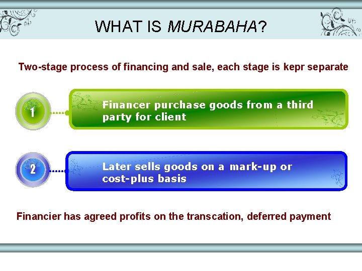 WHAT IS MURABAHA? Two-stage process of financing and sale, each stage is kepr separate