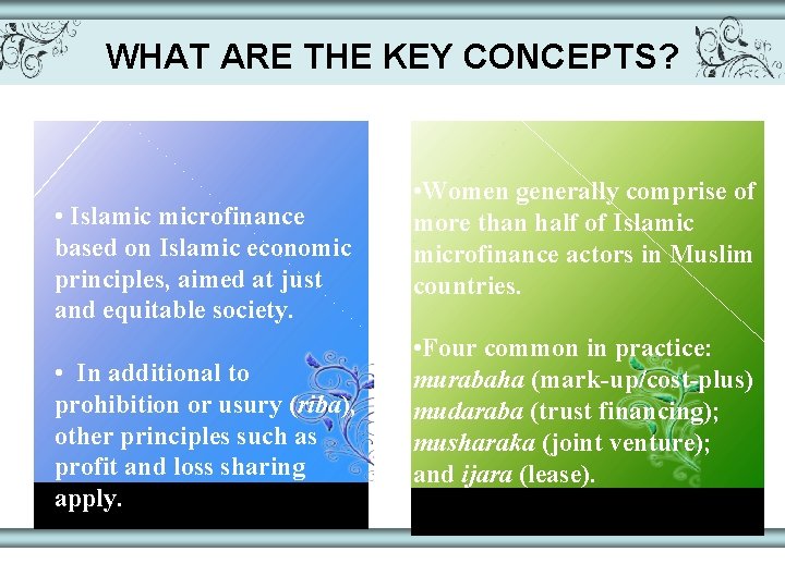 WHAT ARE THE KEY CONCEPTS? • Islamic microfinance based on Islamic economic principles, aimed