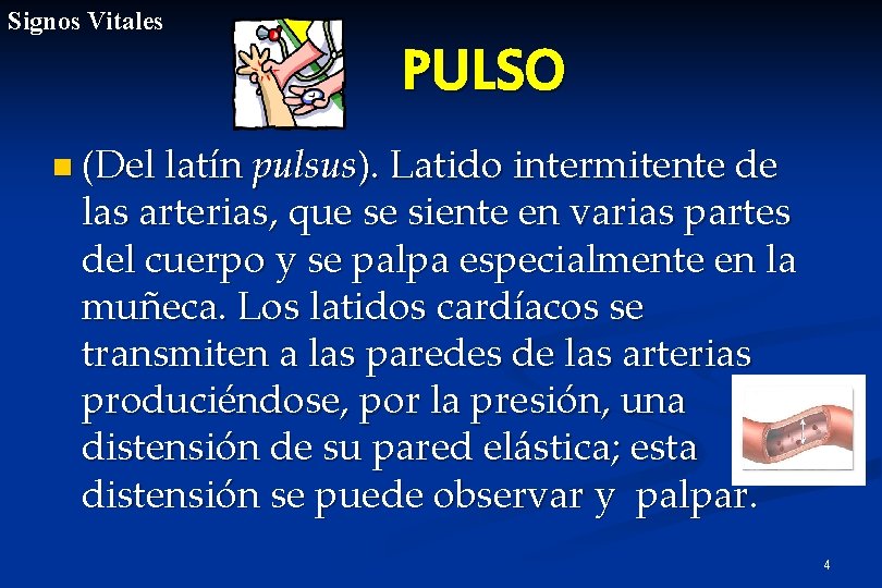 Signos Vitales PULSO n (Del latín pulsus). Latido intermitente de las arterias, que se