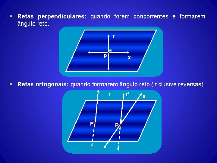 § Retas perpendiculares: quando forem concorrentes e formarem ângulo reto. r P s § § Retas perpendiculares: quando forem concorrentes e formarem ângulo reto. r P s §