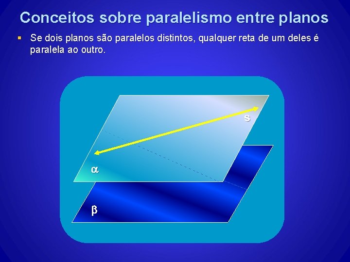 Conceitos sobre paralelismo entre planos § Se dois planos são paralelos distintos, qualquer reta Conceitos sobre paralelismo entre planos § Se dois planos são paralelos distintos, qualquer reta