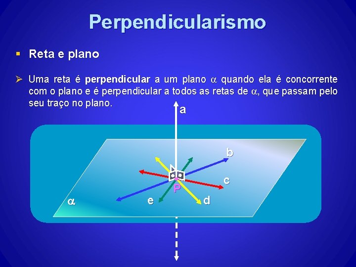 Perpendicularismo § Reta e plano Ø Uma reta é perpendicular a um plano quando Perpendicularismo § Reta e plano Ø Uma reta é perpendicular a um plano quando