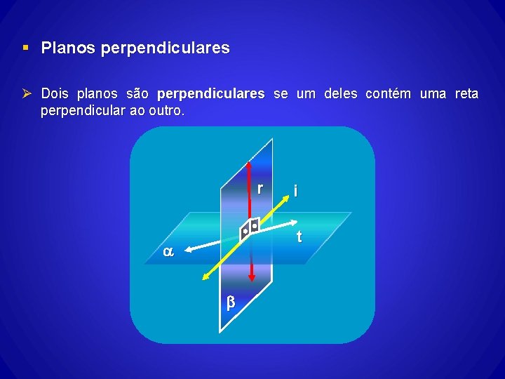 § Planos perpendiculares Ø Dois planos são perpendiculares se um deles contém uma reta § Planos perpendiculares Ø Dois planos são perpendiculares se um deles contém uma reta