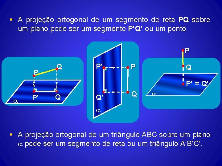 § A projeção ortogonal de um segmento de reta PQ sobre um plano pode § A projeção ortogonal de um segmento de reta PQ sobre um plano pode