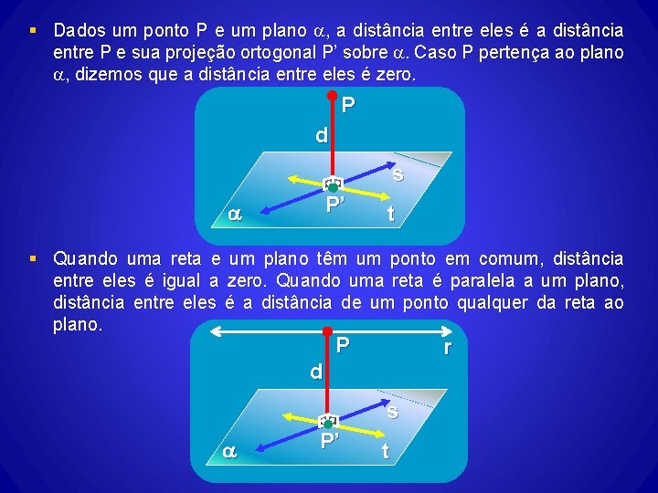 § Dados um ponto P e um plano , a distância entre eles é § Dados um ponto P e um plano , a distância entre eles é