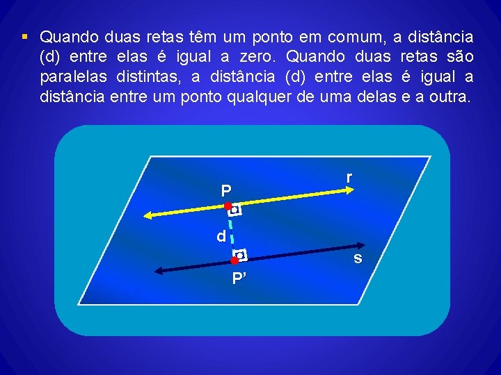 § Quando duas retas têm um ponto em comum, a distância (d) entre elas § Quando duas retas têm um ponto em comum, a distância (d) entre elas