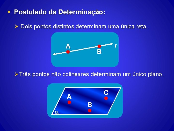 § Postulado da Determinação: Ø Dois pontos distintos determinam uma única reta. A r § Postulado da Determinação: Ø Dois pontos distintos determinam uma única reta. A r