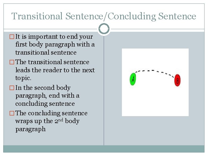 Transitional Sentence/Concluding Sentence � It is important to end your first body paragraph with