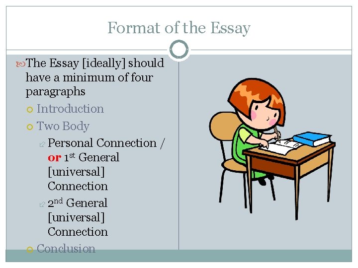 Format of the Essay The Essay [ideally] should have a minimum of four paragraphs