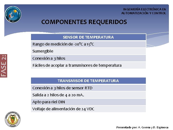 INGENIERÍA ELECTRÓNICA EN AUTOMATIZACIÓN Y CONTROL COMPONENTES REQUERIDOS SENSOR DE TEMPERATURA Rango de medición