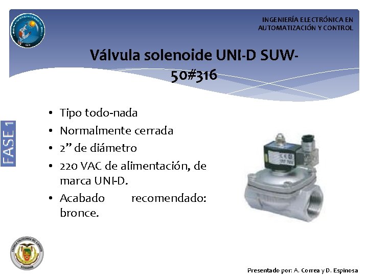 INGENIERÍA ELECTRÓNICA EN AUTOMATIZACIÓN Y CONTROL Válvula solenoide UNI-D SUW 50#316 Tipo todo-nada Normalmente