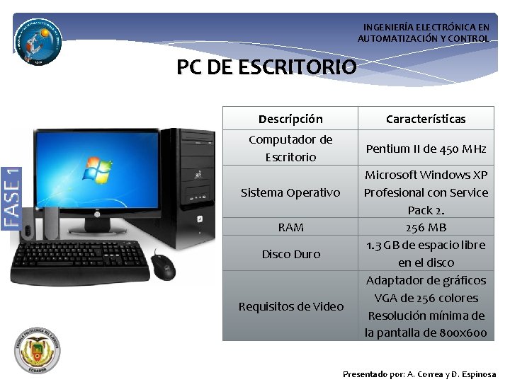 INGENIERÍA ELECTRÓNICA EN AUTOMATIZACIÓN Y CONTROL PC DE ESCRITORIO Descripción Características Computador de Escritorio