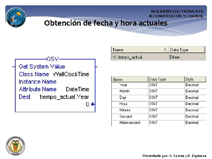 INGENIERÍA ELECTRÓNICA EN AUTOMATIZACIÓN Y CONTROL Obtención de fecha y hora actuales Presentado por: