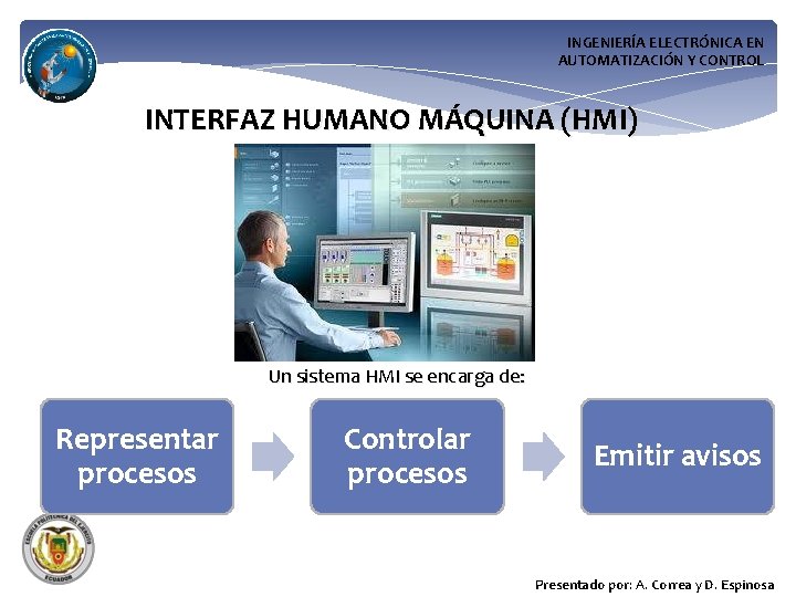 INGENIERÍA ELECTRÓNICA EN AUTOMATIZACIÓN Y CONTROL INTERFAZ HUMANO MÁQUINA (HMI) Un sistema HMI se