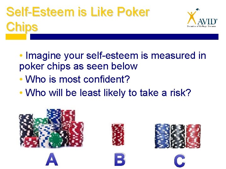 Self-Esteem is Like Poker Chips • Imagine your self-esteem is measured in poker chips Self-Esteem is Like Poker Chips • Imagine your self-esteem is measured in poker chips
