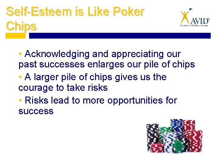 Self-Esteem is Like Poker Chips • Acknowledging and appreciating our past successes enlarges our Self-Esteem is Like Poker Chips • Acknowledging and appreciating our past successes enlarges our