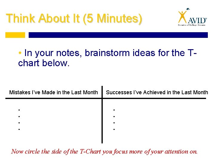 Think About It (5 Minutes) • In your notes, brainstorm ideas for the Tchart Think About It (5 Minutes) • In your notes, brainstorm ideas for the Tchart