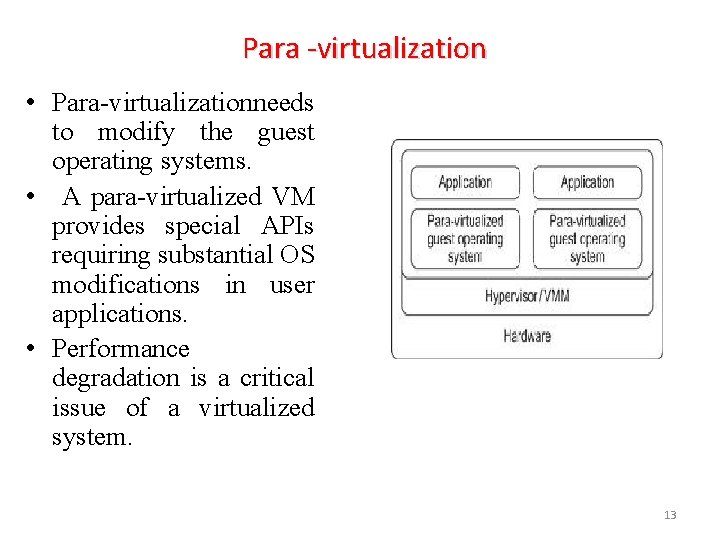 Para -virtualization • Para-virtualizationneeds to modify the guest operating systems. • A para-virtualized VM