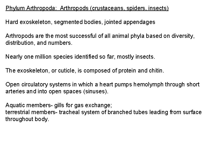 Phylum Arthropoda: Arthropods (crustaceans, spiders, insects) Hard exoskeleton, segmented bodies, jointed appendages Arthropods are