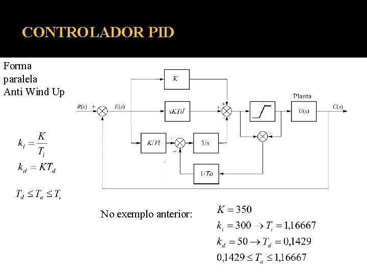 CONTROLADOR PID Forma paralela Anti Wind Up No exemplo anterior: 