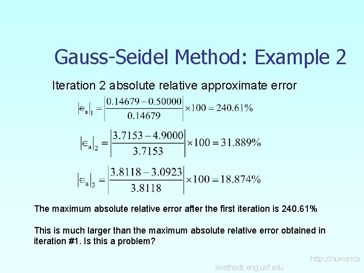 Gauss-Seidel Method: Example 2 Iteration 2 absolute relative approximate error The maximum absolute relative