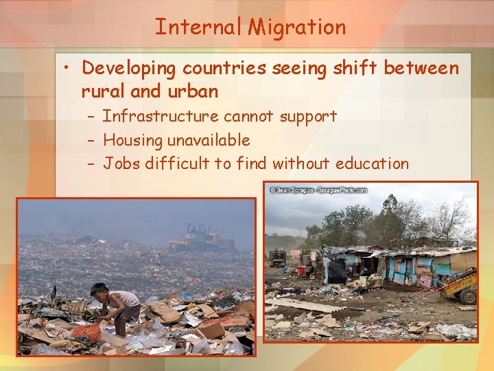 Internal Migration • Developing countries seeing shift between rural and urban – Infrastructure cannot