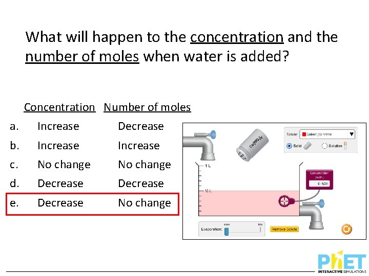 What will happen to the concentration and the number of moles when water is