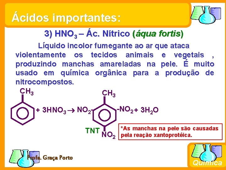 Ácidos importantes: 3) HNO 3 – Ác. Nítrico (áqua fortis) Líquido incolor fumegante ao