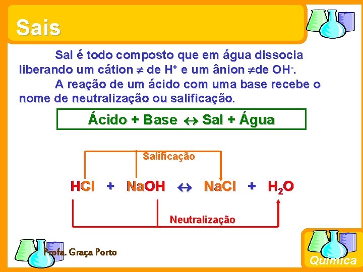 Sais Sal é todo composto que em água dissocia liberando um cátion de H+