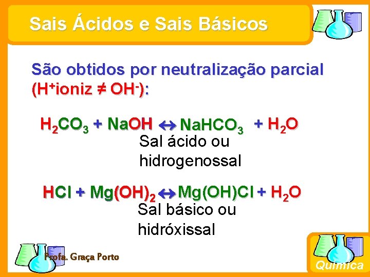 Sais Ácidos e Sais Básicos São obtidos por neutralização parcial (H+ioniz ≠ OH-): H