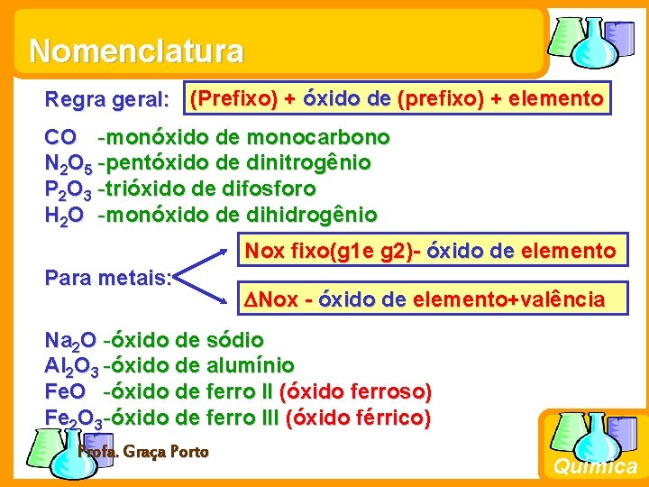 Nomenclatura Regra geral: (Prefixo) + óxido de (prefixo) + elemento CO -monóxido de monocarbono