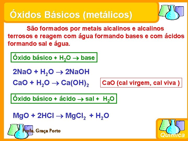 Óxidos Básicos (metálicos) São formados por metais alcalinos e alcalinos terrosos e reagem com