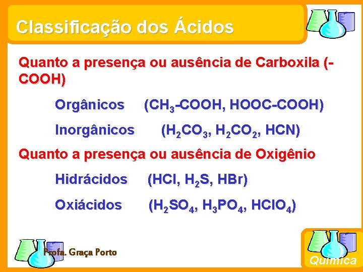 Classificação dos Ácidos Quanto a presença ou ausência de Carboxila (COOH) Orgânicos Inorgânicos (CH