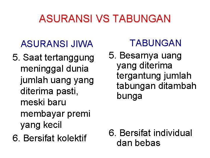 ASURANSI VS TABUNGAN ASURANSI JIWA 5. Saat tertanggung meninggal dunia jumlah uang yang diterima