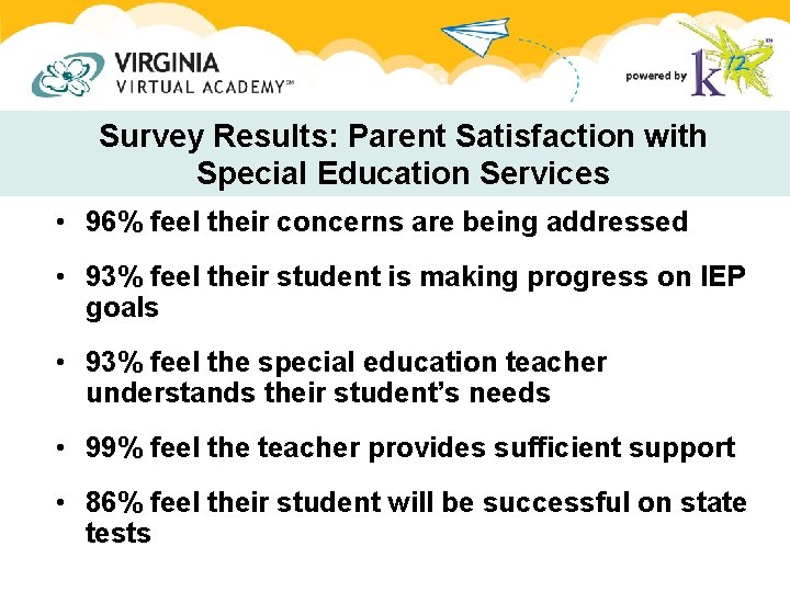 Survey Results: Parent Satisfaction with Special Education Services • 96% feel their concerns are Survey Results: Parent Satisfaction with Special Education Services • 96% feel their concerns are