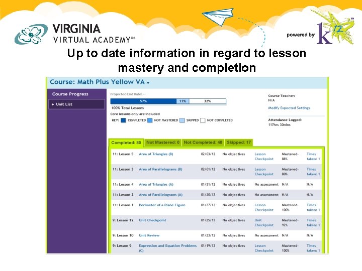 Up to date information in regard to lesson mastery and completion Up to date information in regard to lesson mastery and completion