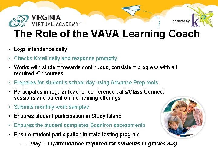 The Role of the VAVA Learning Coach • Logs attendance daily • Checks Kmail The Role of the VAVA Learning Coach • Logs attendance daily • Checks Kmail
