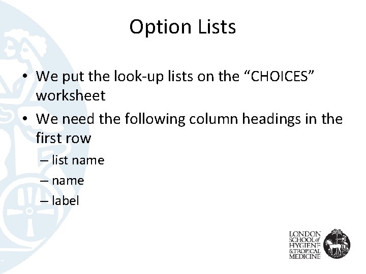 Option Lists • We put the look-up lists on the “CHOICES” worksheet • We